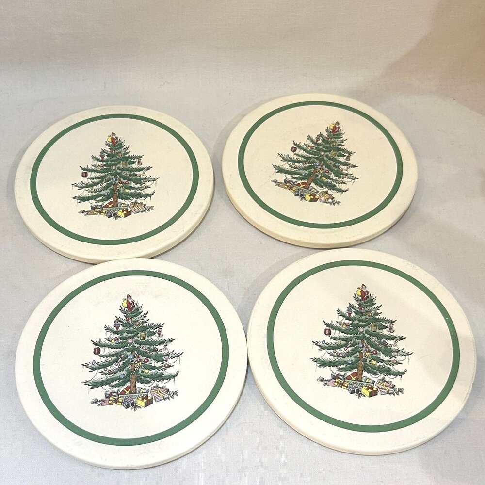 Set of 4 Spode Christmas Tree Santa Topper Coasters Cork Back Round 4 1/8"
